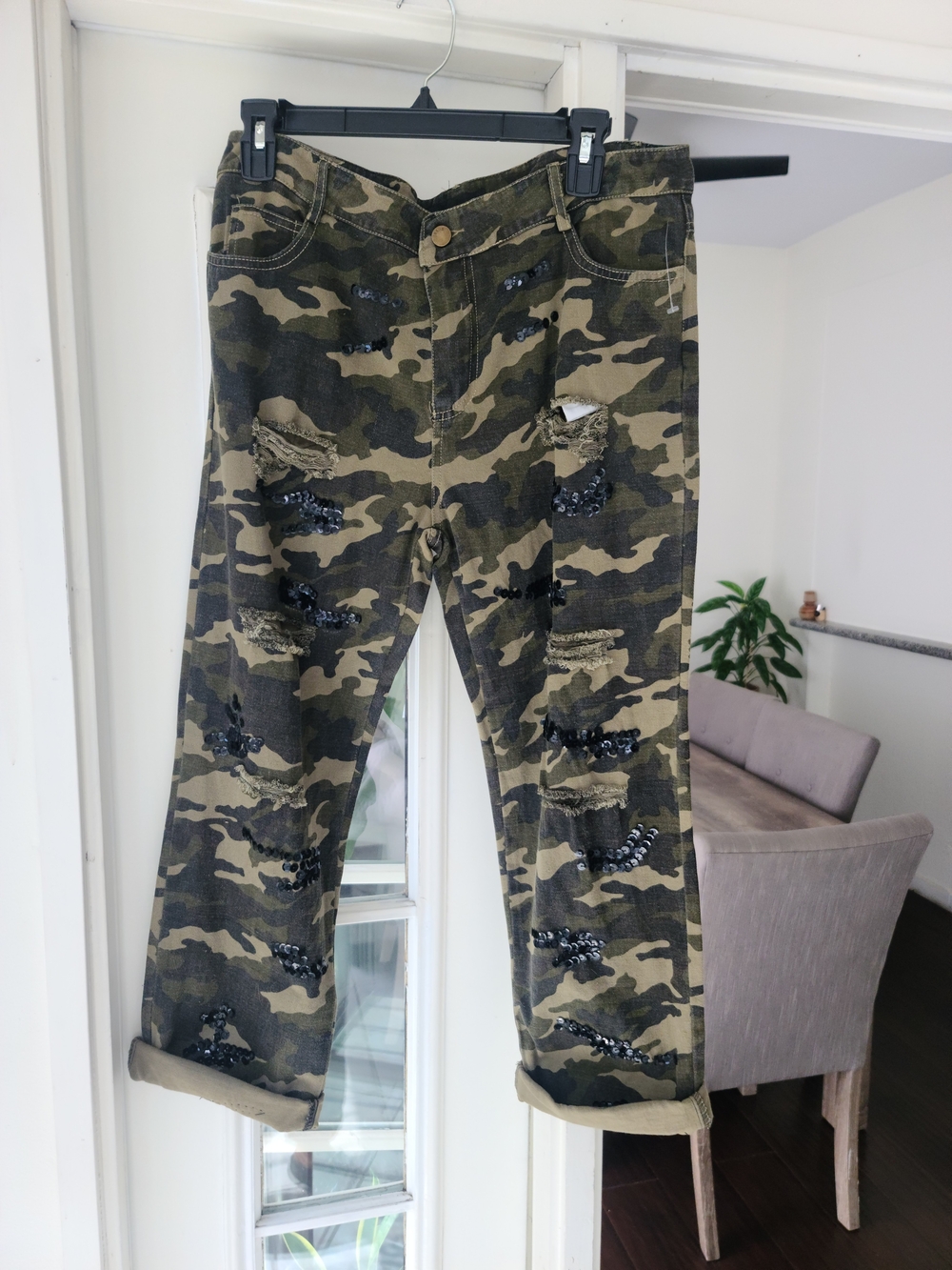 Sadie & Sage Olive Camo Sequin Distressed Jeans